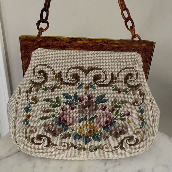 Vintage Handbag Needlepoint Floral Tortoise Handle Strap Mirror Comb Coin Purse - Picture 4 of 16